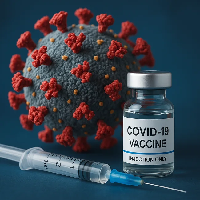 Representative image of the updated COVID-19 vaccine and syringe in focus, with the SARS-CoV-2 virus in the background—symbolizing the Fall 2025 booster campaign targeting the JN.1 and LP.8.1 variants.