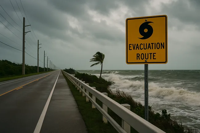 Representative image of Florida Keys' Overseas Highway during storm conditions, featuring an evacuation route sign against crashing waves and dark skies—highlighting the region’s vulnerability as authorities roll out new 2025 hurricane preparedness measures.