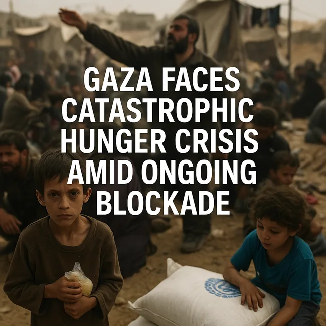A representative image showing displaced children and families in a humanitarian aid queue amid makeshift shelters in Gaza. The visual reflects the unfolding starvation crisis as the region faces catastrophic hunger under an ongoing blockade.