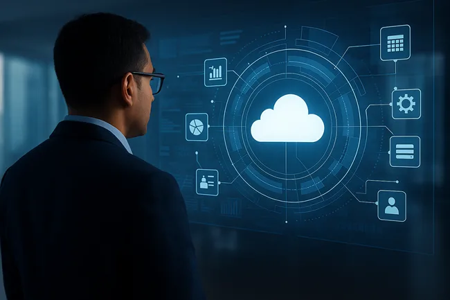 Representive image of an Infosys executive monitoring a futuristic cloud interface symbolizing Infosys Cobalt’s AI-powered enterprise transformation capabilities across global industries.