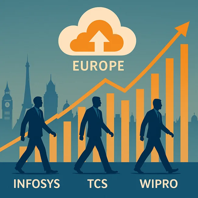 Infosys, TCS, and Wipro stride toward cloud dominance in Europe, symbolizing their race to capture digital transformation contracts across key EU markets.