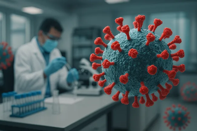 Representative image of SARS-CoV-2 virus particles with a lab scientist in the background—depicting India's genomic surveillance operations in May 2025 amid global monitoring of the NB.1.8.1 variant.