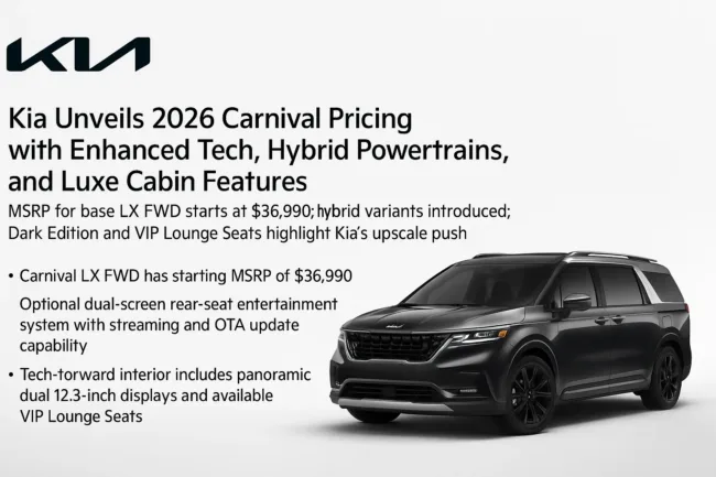 Kia unveils 2026 Carnival pricing with enhanced tech, hybrid powertrains, and luxe cabin features