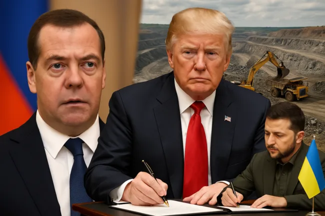 Donald Trump and Volodymyr Zelenskyy sign U.S.-Ukraine critical minerals deal as Russia’s Dmitry Medvedev condemns agreement; open-pit mining backdrop symbolises geopolitical contest over natural resources.