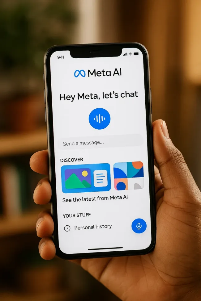 Meta AI app home screen displayed on a smartphone, showcasing personalized assistant features, Discover feed, and voice interaction tools powered by Llama 4.