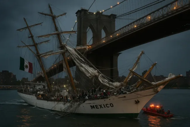 Representative image of the Mexican Navy’s ARM Cuauhtémoc after it collided with the Brooklyn Bridge on May 17, 2025—resulting in two fatalities and nineteen injuries. The tall ship’s damaged masts and emergency response underscore the rare maritime tragedy in New York City’s urban waterways.