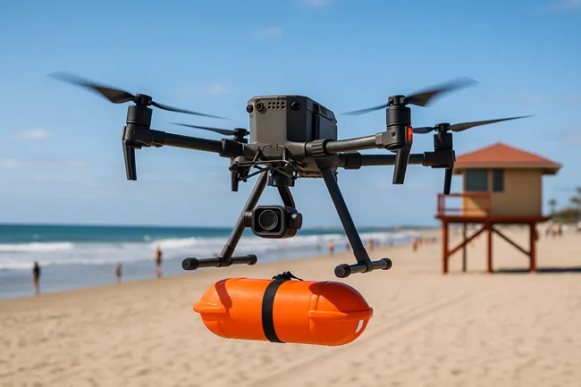 Representative image: A high-tech NYPD drone equipped with a flotation device hovers above a New York City beach, ready to deploy lifesaving support as summer crowds return.