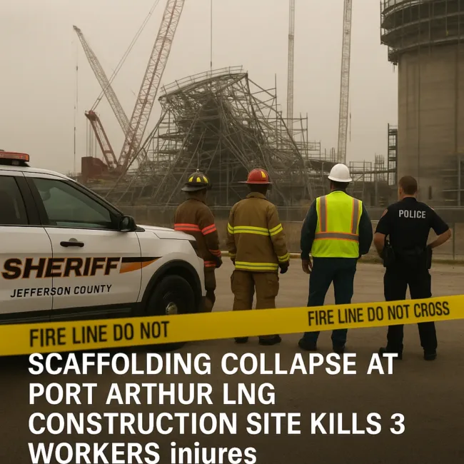 Emergency responders assess the collapsed scaffolding at Sempra’s Port Arthur LNG construction site in Texas, where a fatal workplace accident killed three workers and injured two—prompting OSHA and legal investigations into LNG construction safety.
