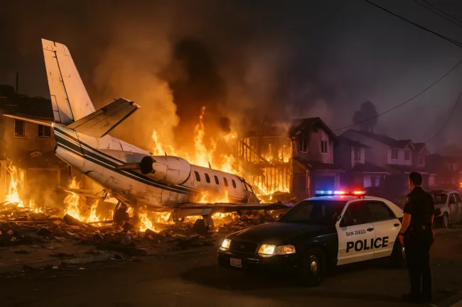 Private jet crashes into San Diego’s Murphy Canyon at 345 a.m., killing all onboard and setting homes ablaze