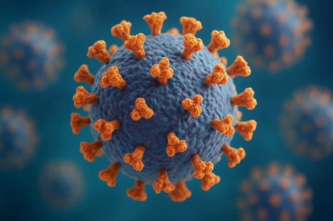 Close-up digital illustration of the SARS-CoV-2 virus, highlighting spike proteins that enable variants like JN.1 to bind more efficiently to human cells—central to ongoing global transmission trends.