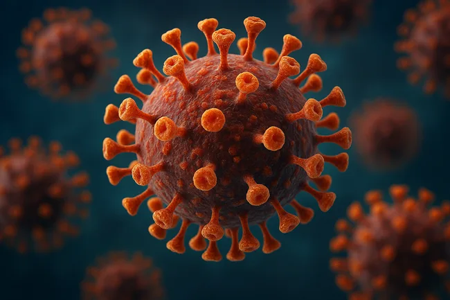 Representative Image: A magnified 3D-rendered view of the SARS-CoV-2 virus, highlighting the spike proteins that characterize emerging variants like NB.1.8.1 and LF.7 currently under surveillance in India.