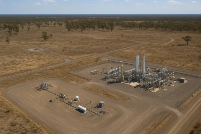 Representative aerial view of a coal seam gas processing site in regional Australia, illustrating the type of infrastructure planned for the Narrabri Gas Project, which Santos aims to develop to address New South Wales' east coast gas supply needs.