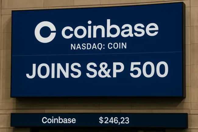 Representative image of Coinbase’s landmark inclusion in the S&P 500 index, marking a pivotal moment for cryptocurrency adoption in mainstream financial markets.