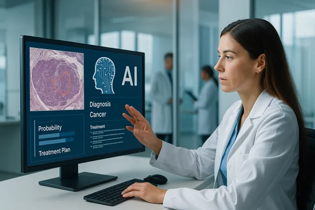 Representative image of AI-powered diagnostics transforming pathology and radiology workflows in oncology.