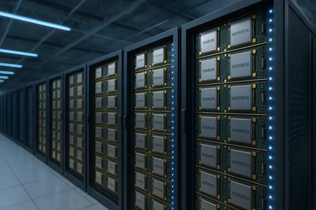 Representative image of AWS’s high-performance data center racks featuring Trainium and Inferentia chips powering next-generation AI workloads.