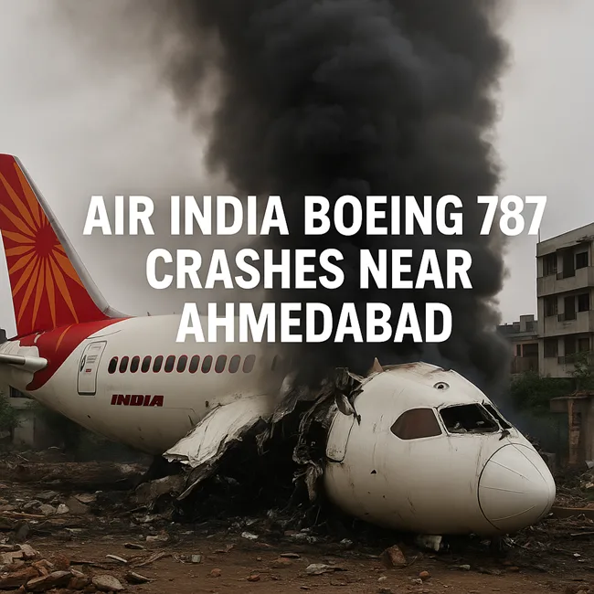 A realistic depiction of the Air India Boeing 787 crash scene, showing the scorched aircraft fuselage amid rubble, dense black smoke, and nearby urban structures.