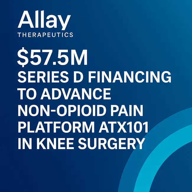Allay Therapeutics secures $57.5M Series D funding to advance ATX101, a non-opioid pain relief platform for knee surgery recovery in the U.S. and Asia.