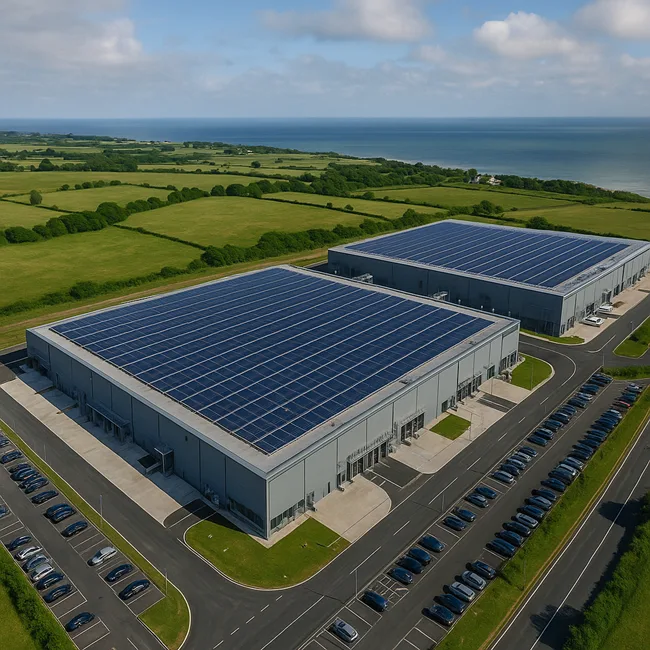 Amazon’s planned £8 billion AWS data centre infrastructure, shown here in a realistic coastal UK setting, is central to its strategy to turn Britain into a global AI cloud hub.