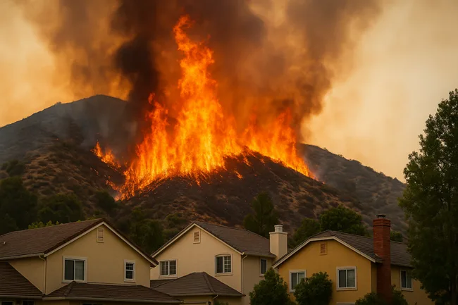 Representative image of the Bethany Fire threatening homes in Burbank's wildland-urban interface, illustrating wildfire risks in Los Angeles County suburbs.