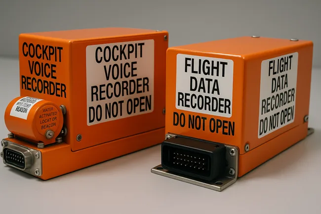 Side-by-side view of a cockpit voice recorder (CVR) and flight data recorder (FDR), each labeled "DO NOT OPEN," highlighting their critical role in modern aviation safety and ongoing upgrades toward 25-hour recording and real-time data capture.