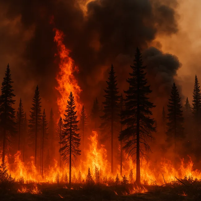 Representative image of a Canadian boreal forest consumed by wildfire—symbolizing the intensity of the 2025 Alberta wildfires that disrupted oil production, forced mass evacuations, and triggered cross-border air quality alerts.