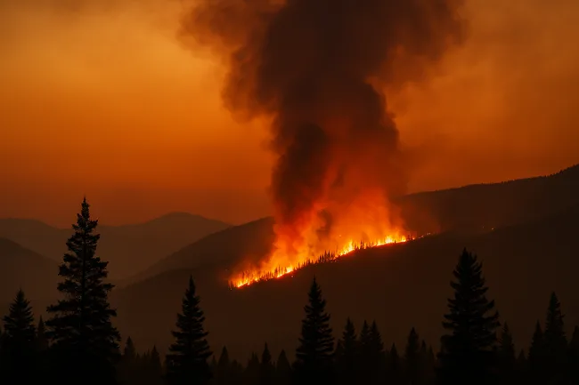 Representative image: A large wildfire burns through a forested mountain slope in southern British Columbia, as extreme fire danger conditions escalate across western Canada during July 2025.