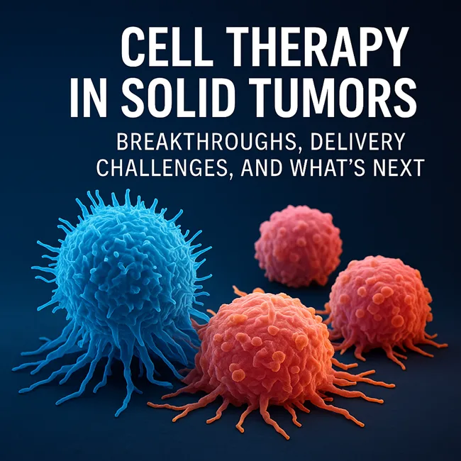 A digitally rendered T-cell (blue) confronts multiple solid tumor cells (orange-red), representing the frontier of immunotherapy in treating solid tumors through cell-based approaches like CAR-T, TIL, and TCR therapies.