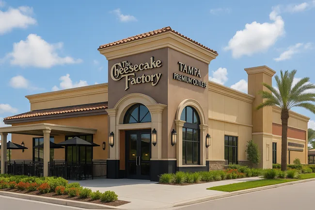 Representative image of a typical Cheesecake Factory location. The upcoming outlet at Tampa Premium Outlets in Lutz, Florida, is expected to follow a similar design and format.
