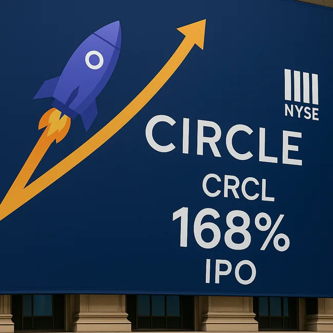 Circle Internet Financial’s (NYSE: CRCL) IPO banner at the New York Stock Exchange highlights a record-breaking 168% surge, signaling rising investor demand for regulated stablecoin issuers.