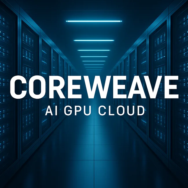 A sleek digital representation of CoreWeave’s AI GPU cloud infrastructure, showcasing high-density server racks illuminated by blue LED lighting—symbolizing the company's rapid rise as a leading hyperscale GPU provider for artificial intelligence workloads.