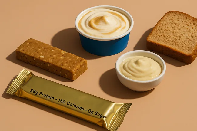 Representative image of reformulated foods like protein bars, sauces, frozen desserts, and breads—showcasing categories where EPG enables stealth calorie reduction for large food brands.