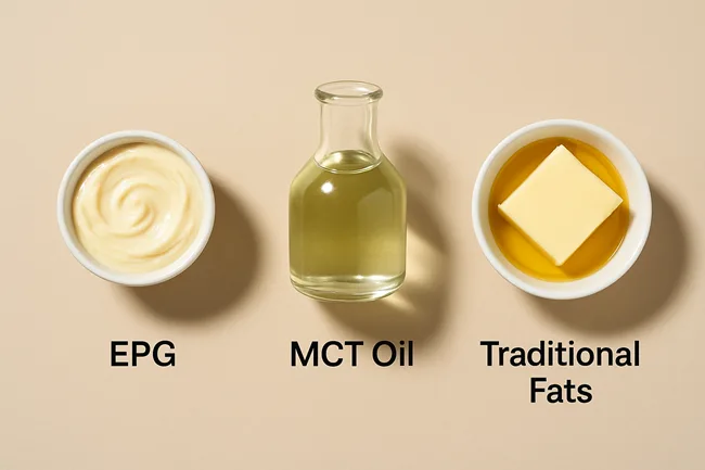 Representative image comparing EPG, MCT oil, and traditional fats—highlighting the evolving landscape of fat alternatives in modern food science and calorie reduction.