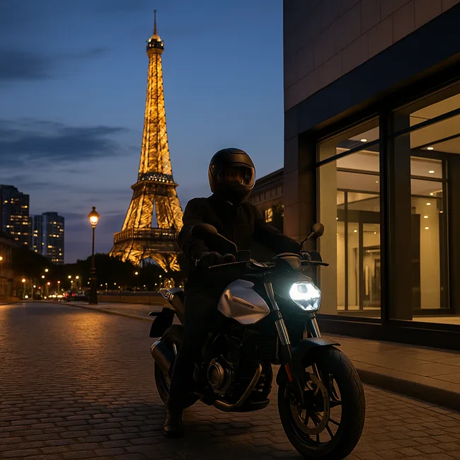 Electric motorcycle rider in Paris near the Eiffel Tower at dusk, highlighting urban EV mobility trends and the rise of electric two-wheelers in European cities.