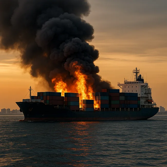 Representative image of a cargo ship engulfed in flames and smoke while drifting offshore—mirroring the ongoing MV Wan Hai 503 fire incident off Kerala, raising fears of marine pollution and hazardous cargo spillage.