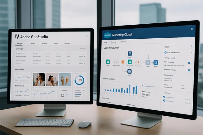 Representative image of Adobe GenStudio and Salesforce Marketing Cloud interfaces displayed side by side in a modern enterprise workspace, illustrating the evolving landscape of AI-powered marketing platforms.