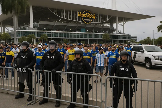 Representative image: Police in riot gear stand guard outside Hard Rock Stadium in Miami as Boca Juniors fans arrive under heightened security during the 2025 FIFA Club World Cup.