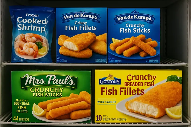 Representative image of frozen seafood products including Mrs. Paul’s and Van de Kamp’s fish sticks and fillets in U.S. retail freezer shelves
