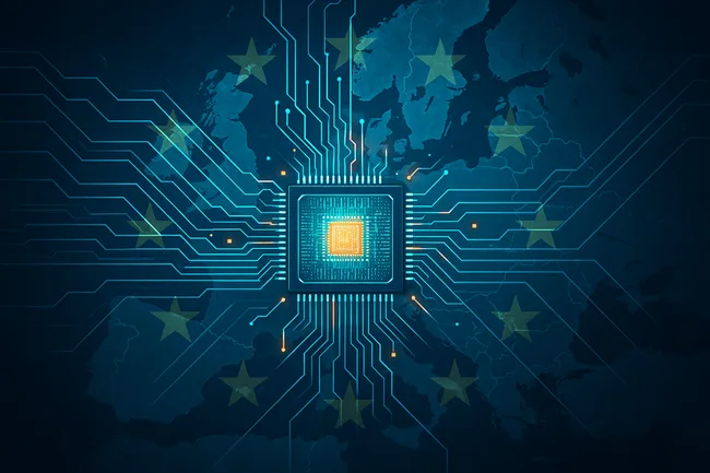 Central to Europe’s tech ambitions: A glowing semiconductor chip symbolizing the EU’s push for digital sovereignty under the Chips Act, as interconnected circuits span across the continent.