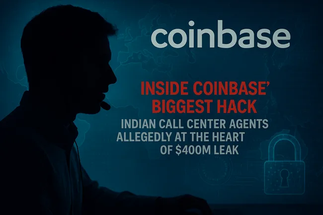 A silhouetted call center agent appears against a digital world map highlighting India, symbolizing the insider breach that led to Coinbase's largest-ever security incident.
