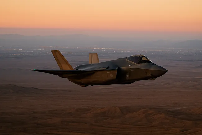 Representative image of a U.S.-made F-35 stealth fighter jet flying over Middle Eastern terrain during twilight—showcasing the advanced airpower employed in Israel's Operation Rising Lion targeting Iranian nuclear facilities.