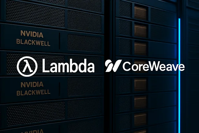 Logos of Lambda Labs and CoreWeave featured against a backdrop of NVIDIA Blackwell GPU clusters, symbolizing the rising developer-focused competition in AI cloud infrastructure.