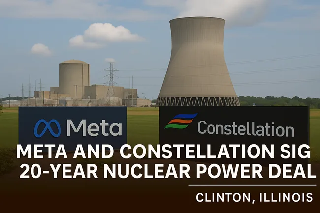 Meta and Constellation Energy Corporation formalize a 20-year nuclear power agreement at the Clinton Clean Energy Center in Illinois, securing clean energy for AI operations and preserving over 1,000 local jobs.