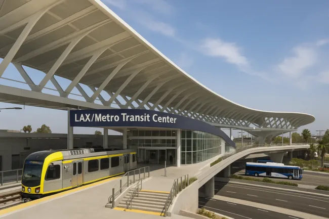 Representative image of the LAX/Metro Transit Center Station in Los Angeles, showing multimodal rail-to-airport infrastructure ahead of the 2028 Olympics.