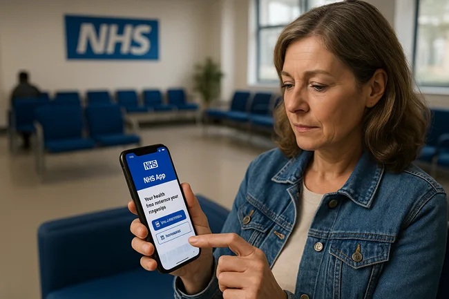 Representative image of a patient using the NHS App to manage appointments and receive test results as part of the UK’s digital healthcare expansion.