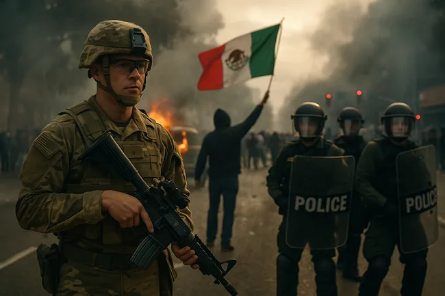 Representative image of National Guard troops and riot police responding to ICE protest clashes in Los Angeles, June 2025.