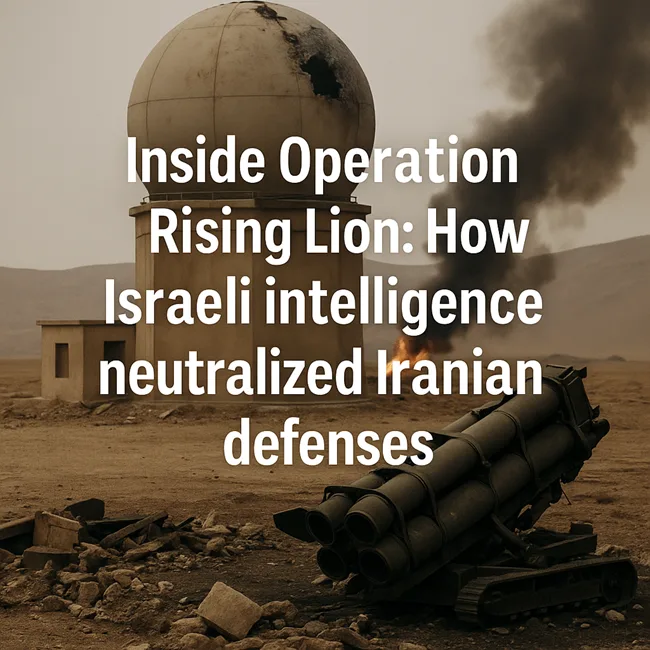 Representative image showing a damaged Iranian radar dome and missile launcher engulfed in smoke—depicting the aftermath of Operation Rising Lion, where Israeli intelligence-led hybrid warfare successfully neutralized Iran’s air defense infrastructure.