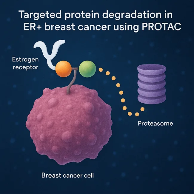 Representative image illustrating PROTAC-mediated targeted protein degradation of the estrogen receptor in ER+ breast cancer, a novel approach used by vepdegestrant to overcome endocrine resistance.