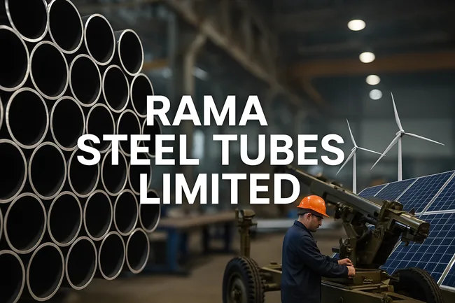 A visual representation of Rama Steel Tubes Limited’s evolving operations—featuring precision-engineered steel pipes, defence-grade equipment assembly, and a backdrop of renewable energy elements like wind turbines and solar panels—signaling the company’s diversification beyond traditional manufacturing.