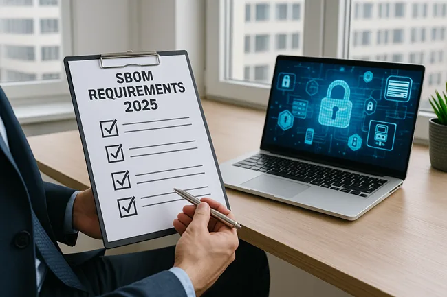 Illustration of a 2025 enterprise cybersecurity audit, highlighting SBOM compliance as a core requirement under global software supply chain regulations.